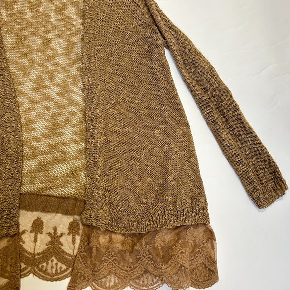 Umgee Womens L Cardigan Sweater Brown Long Sleeve Open Front Knit Layered Lace - Picture 5 of 15